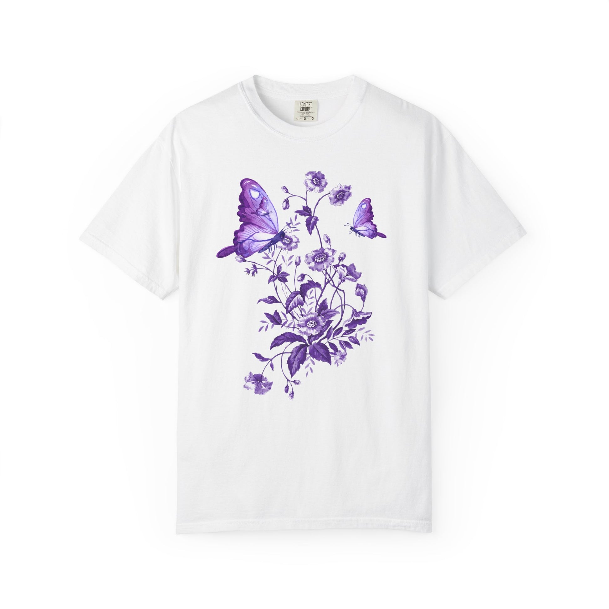 Purple Floral Butterfly T-shirt, Unisex Graphic Tee, Summer Fashion, Nature Lover Gift, Eco-Friendly Apparel