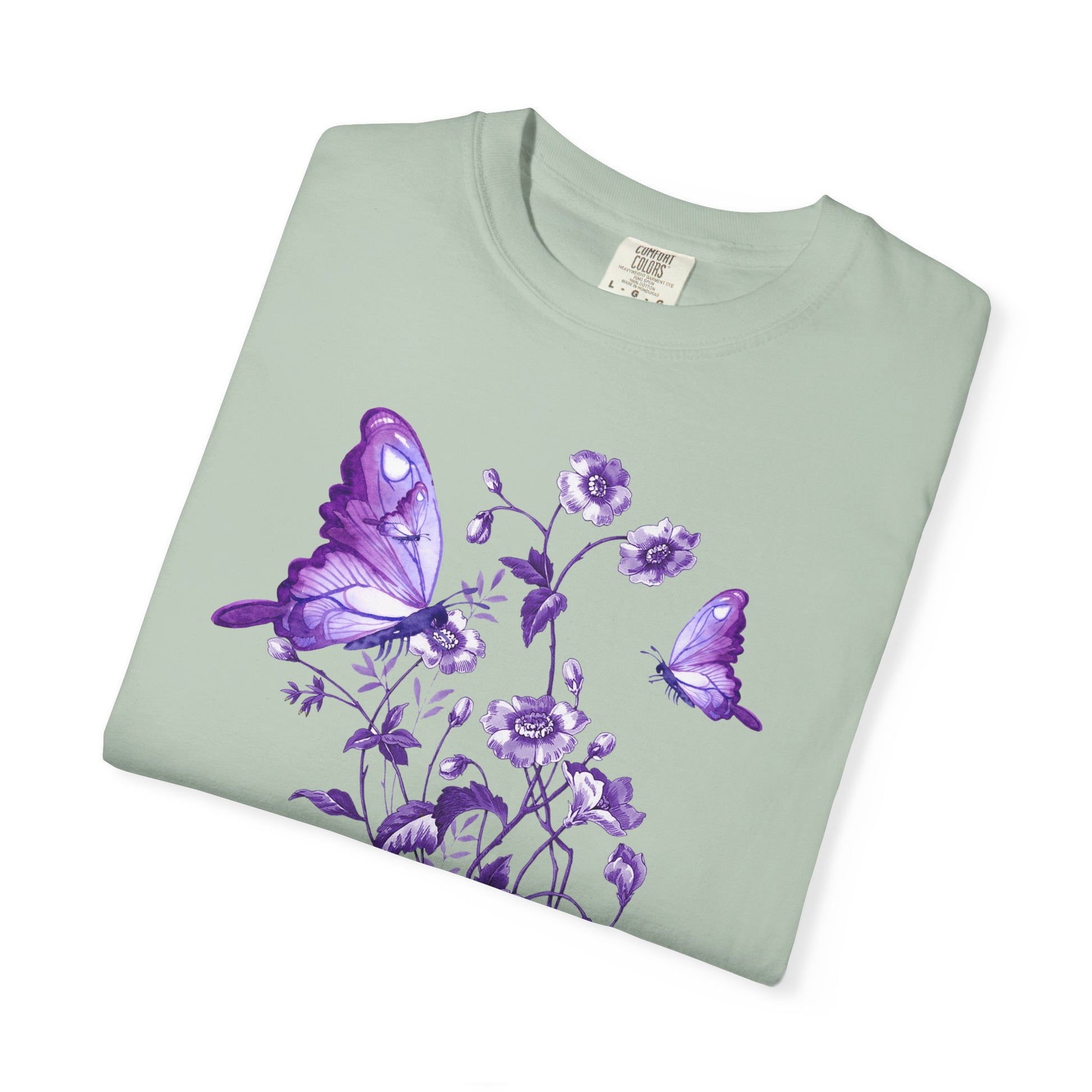 Purple Floral Butterfly T-shirt, Unisex Graphic Tee, Summer Fashion, Nature Lover Gift, Eco-Friendly Apparel