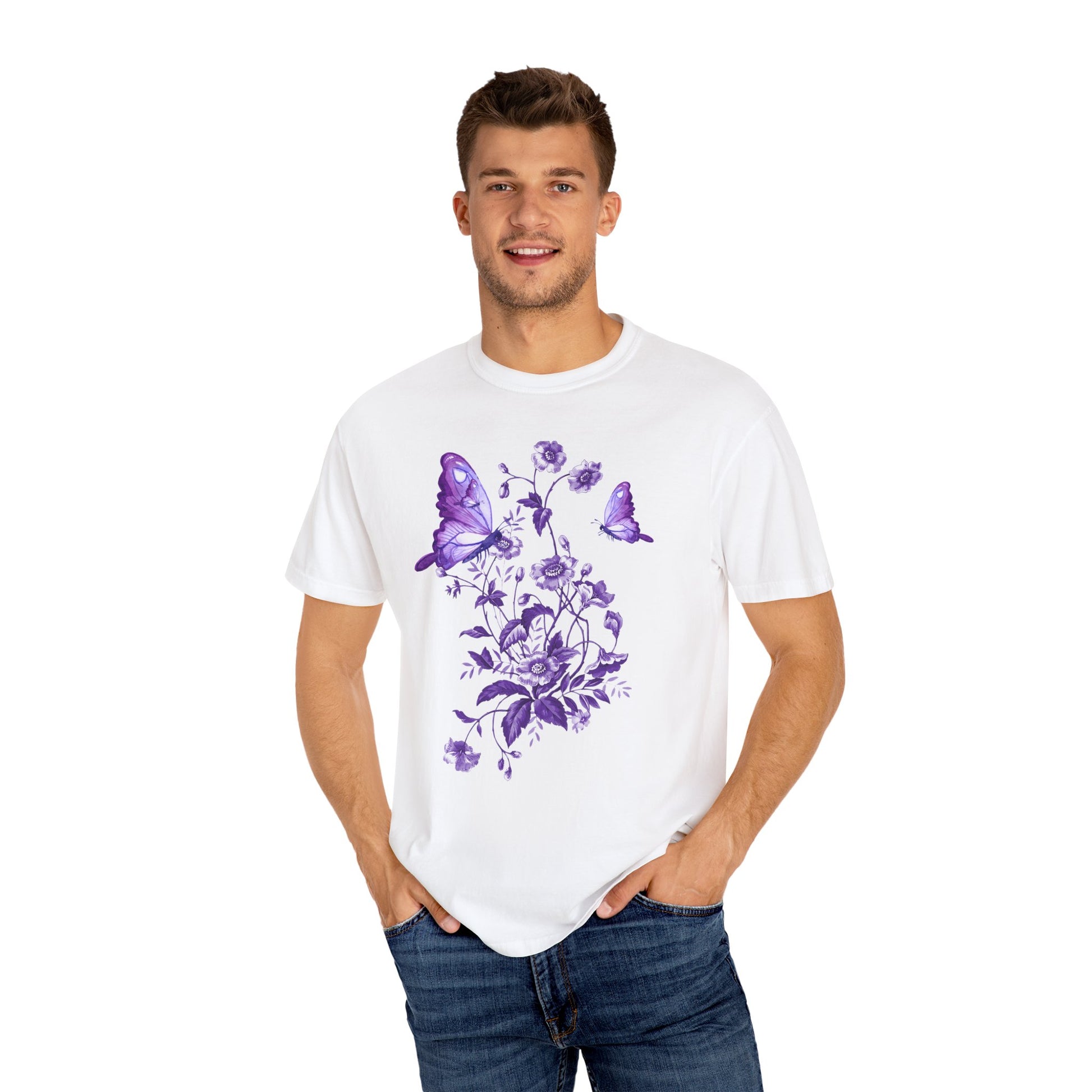 Purple Floral Butterfly T-shirt, Unisex Graphic Tee, Summer Fashion, Nature Lover Gift, Eco-Friendly Apparel