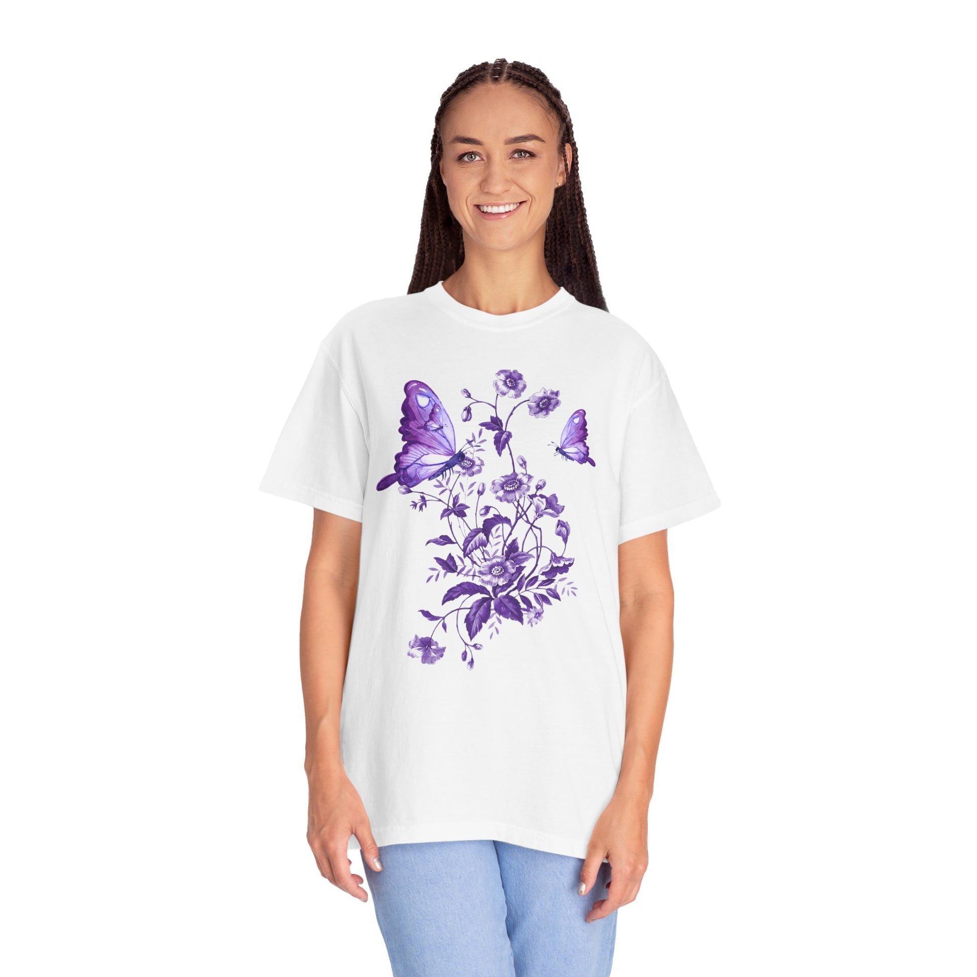 Purple Floral Butterfly T-shirt, Unisex Graphic Tee, Summer Fashion, Nature Lover Gift, Eco-Friendly Apparel