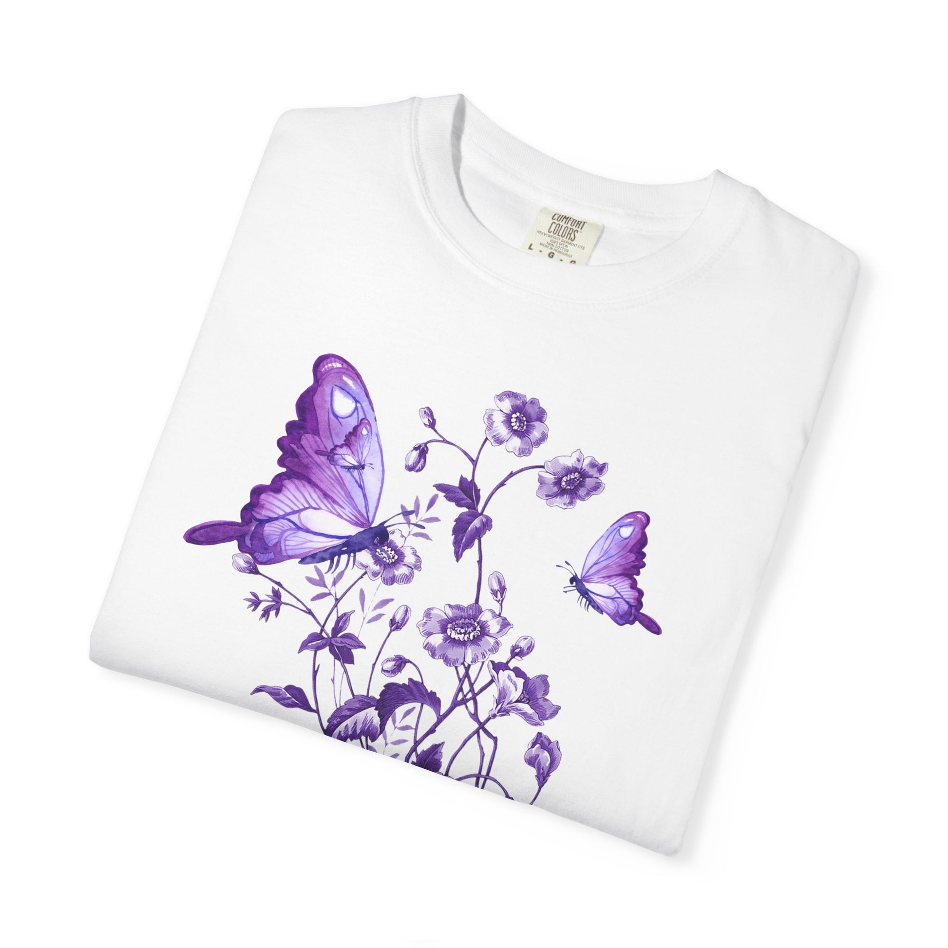 Purple Floral Butterfly T-shirt, Unisex Graphic Tee, Summer Fashion, Nature Lover Gift, Eco-Friendly Apparel