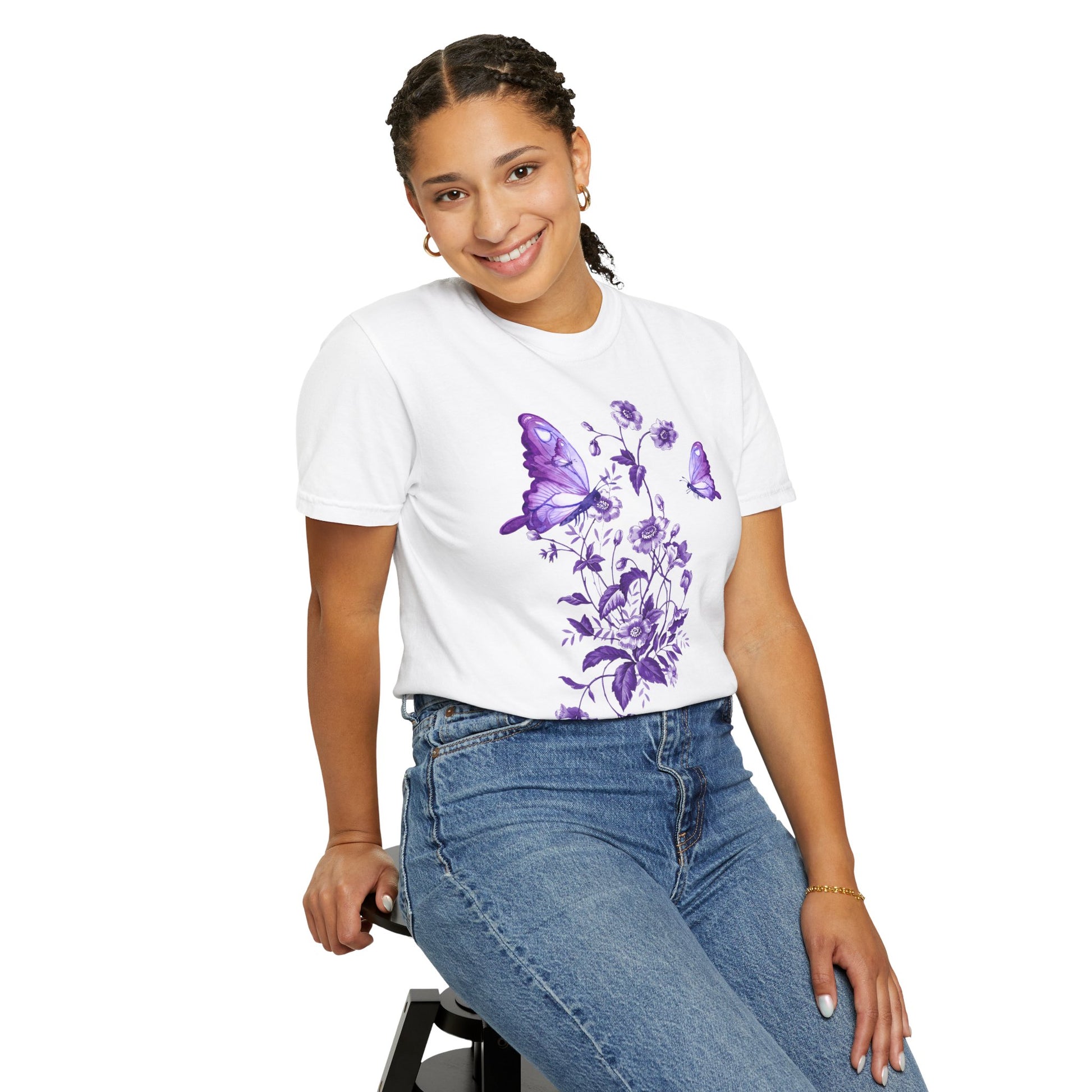 Purple Floral Butterfly T-shirt, Unisex Graphic Tee, Summer Fashion, Nature Lover Gift, Eco-Friendly Apparel