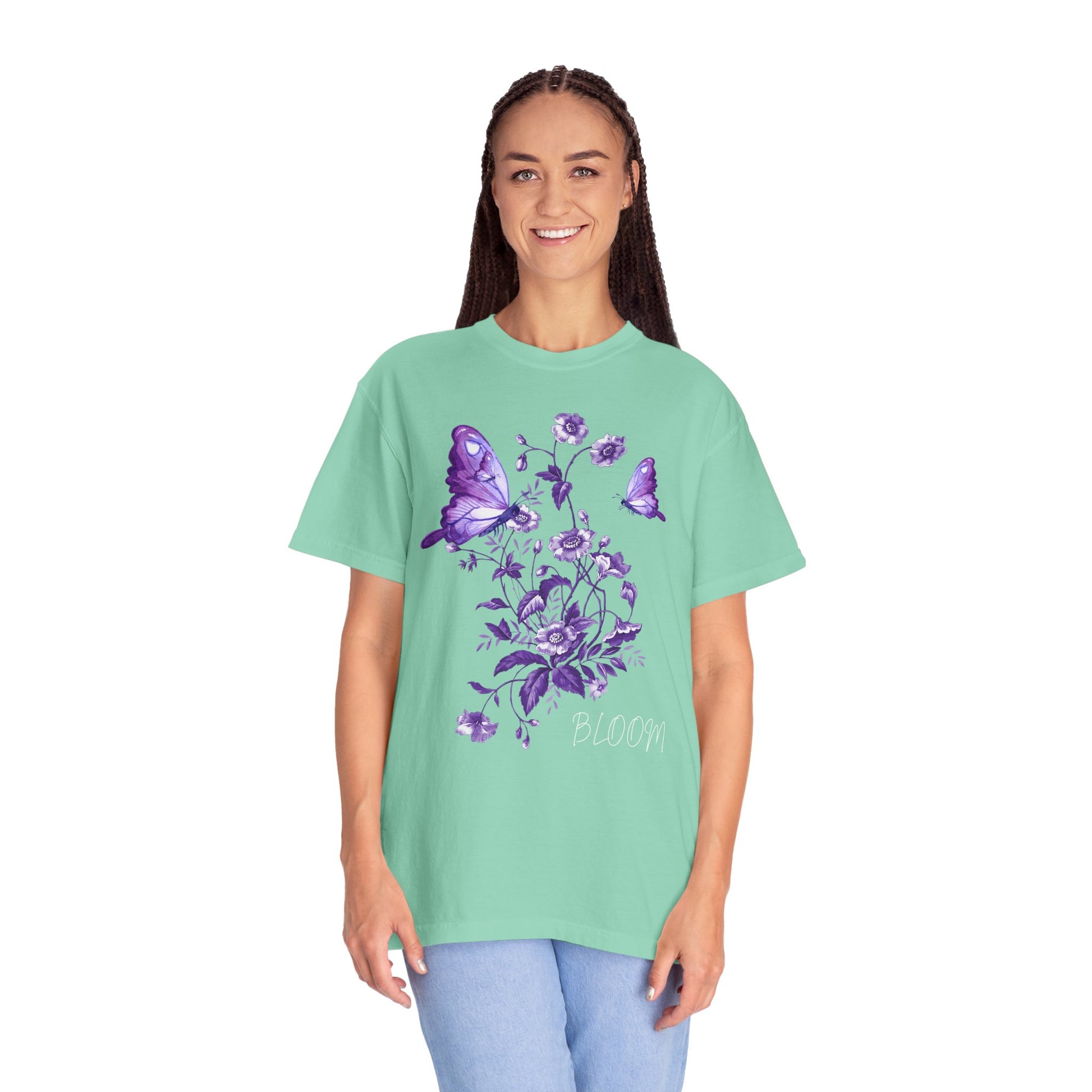 Purple Floral Butterfly T-shirt, Unisex Graphic Tee, Summer Fashion, Nature Lover Gift, Eco-Friendly Apparel