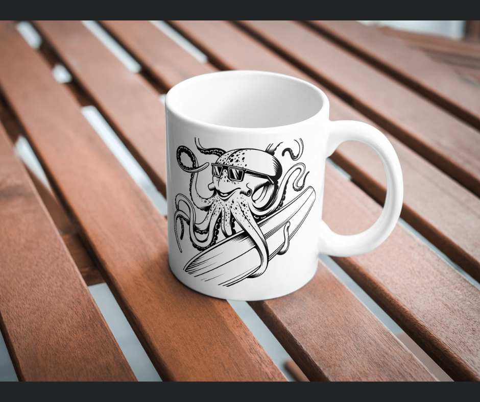 Surfing Octopus Ceramic Mug, Funny Coffee Cup, Ocean Lover's Gift, Beach Decor, Unique Drinkware