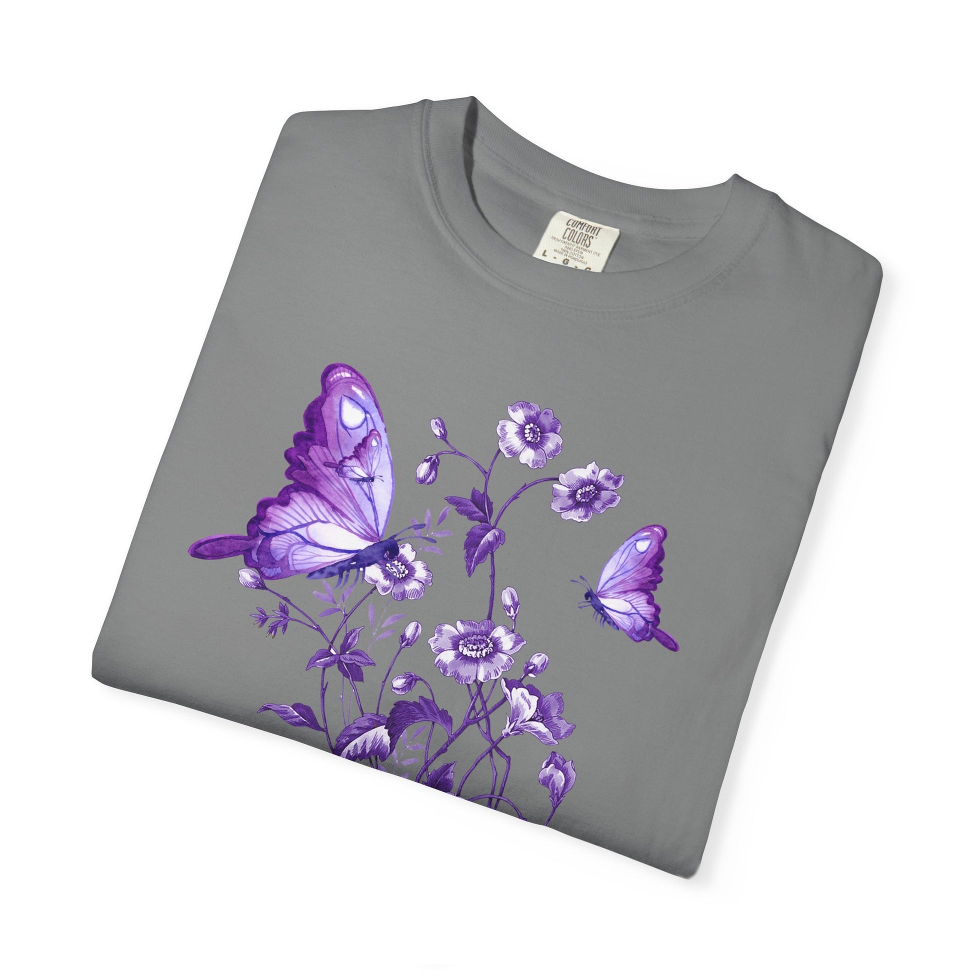 Purple Floral Butterfly T-shirt, Unisex Graphic Tee, Summer Fashion, Nature Lover Gift, Eco-Friendly Apparel