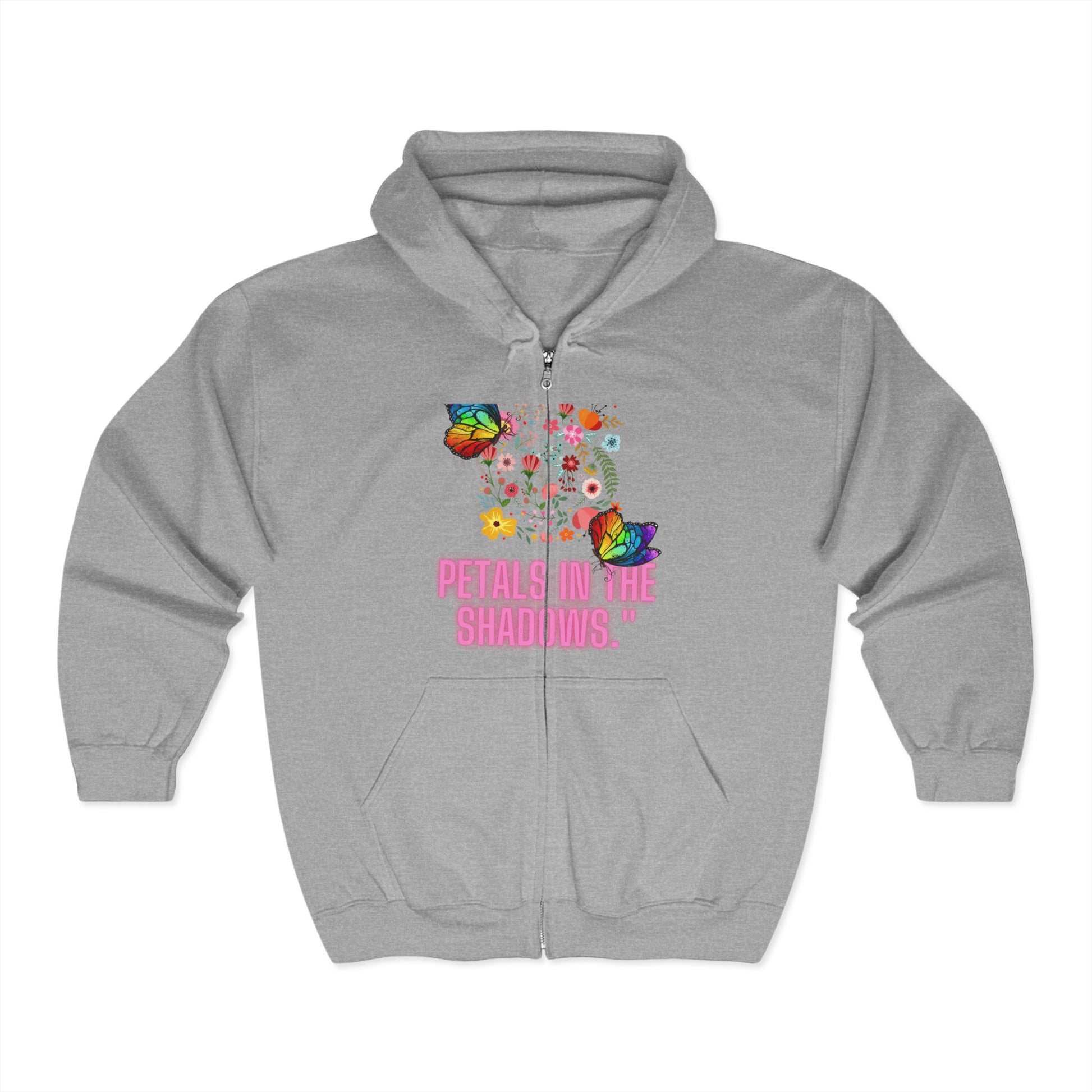 Petals in the Shadows Unisex Heavy Blend™ Full Zip Hooded Sweatshirt - Floral Butterfly Design