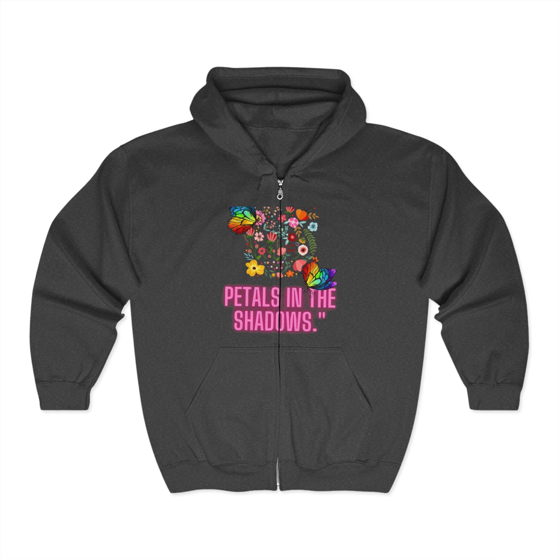 Petals in the Shadows Unisex Heavy Blend™ Full Zip Hooded Sweatshirt - Floral Butterfly Design