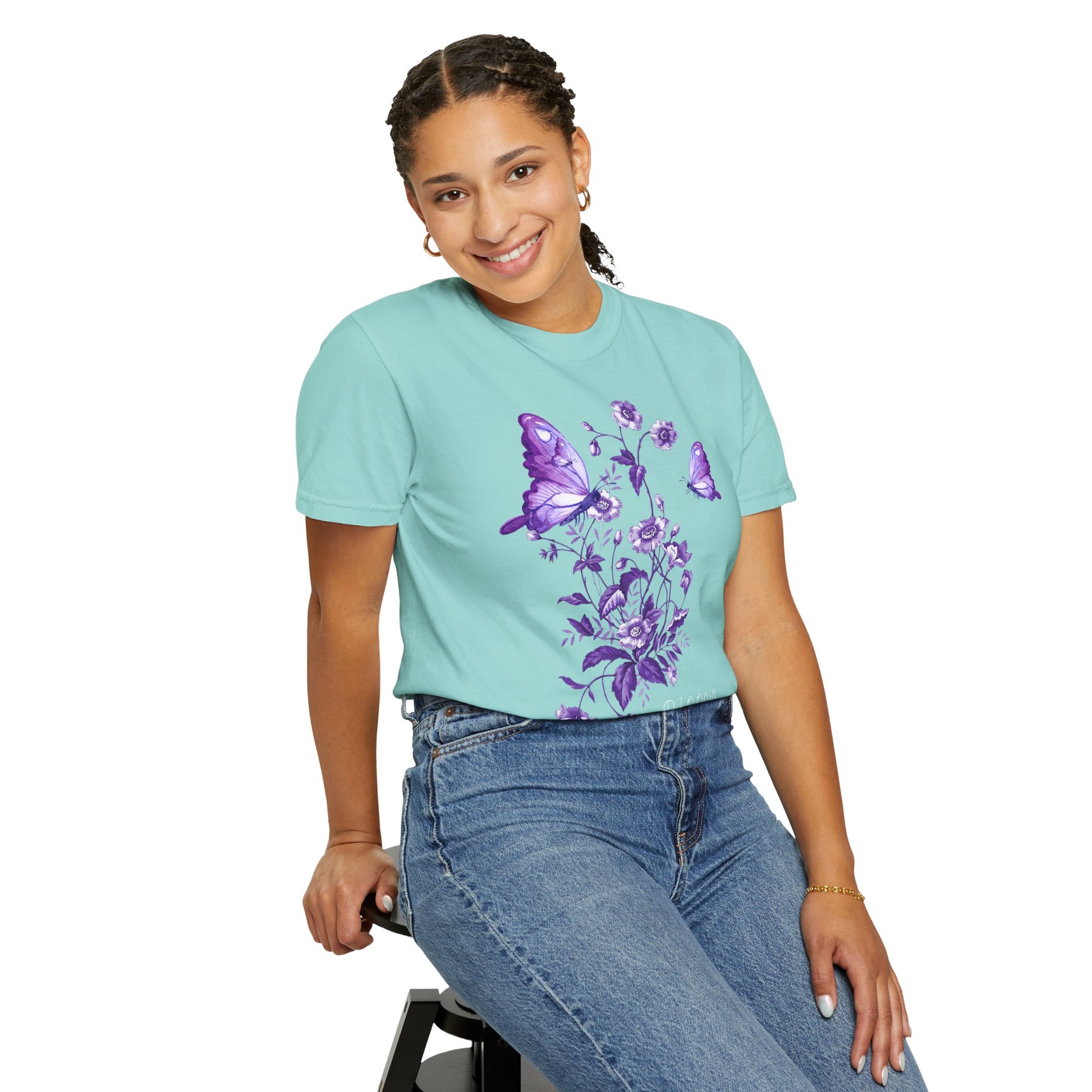 Purple Floral Butterfly T-shirt, Unisex Graphic Tee, Summer Fashion, Nature Lover Gift, Eco-Friendly Apparel